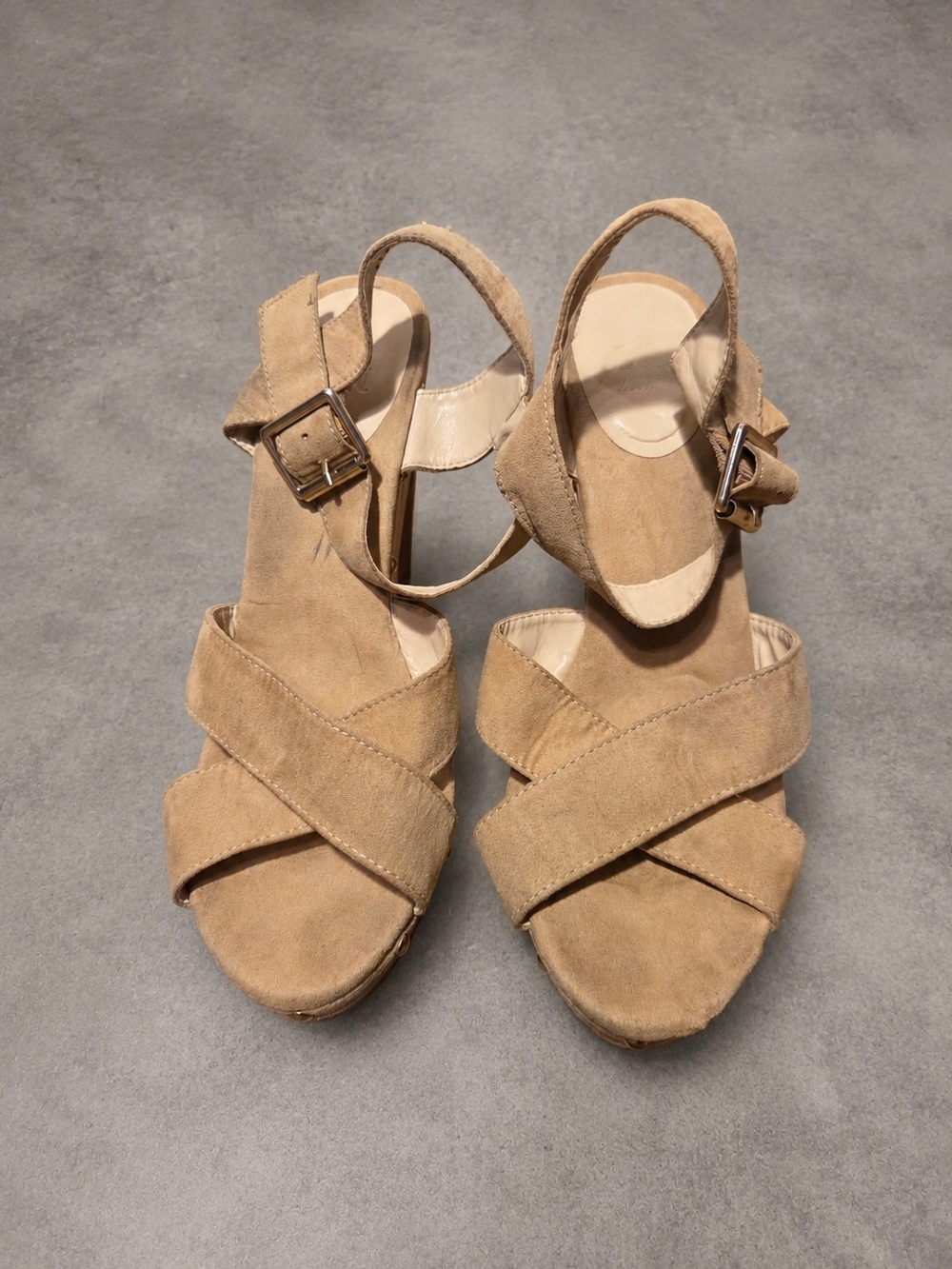 New York & Company Tan Suede Crisscross Buckle Sandals